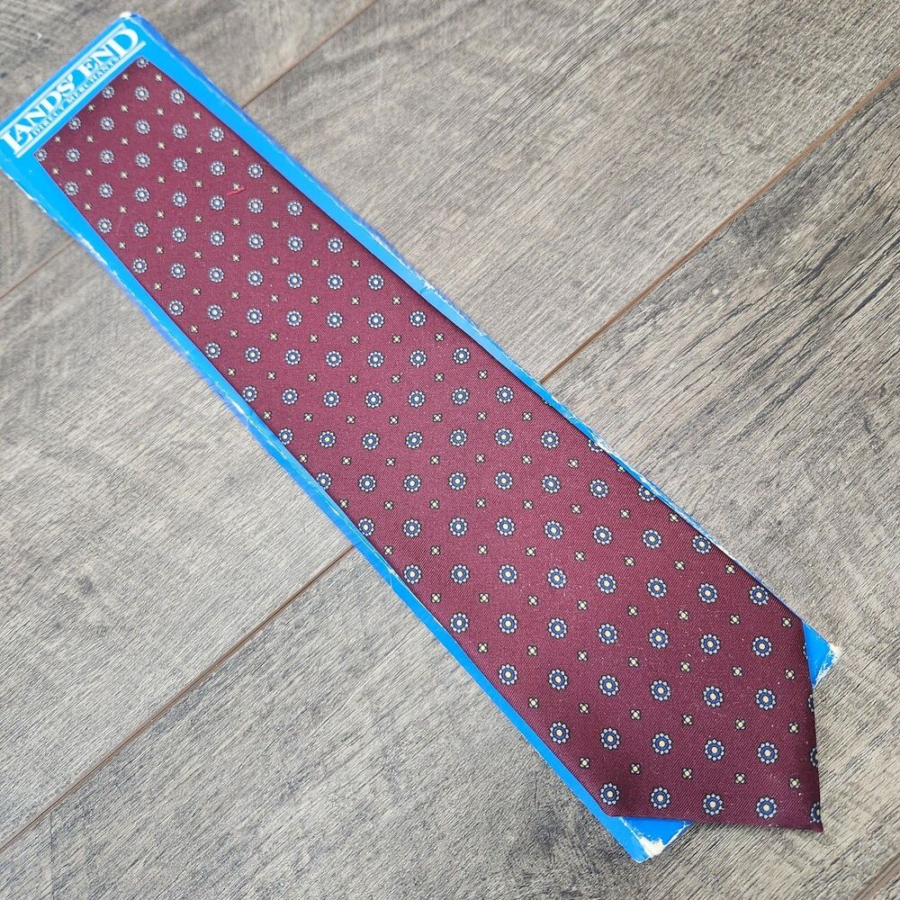 Vintage NEW Lands' End Direct Merchants Silk Tie Hand Sewn USA Maroon Long Boxed